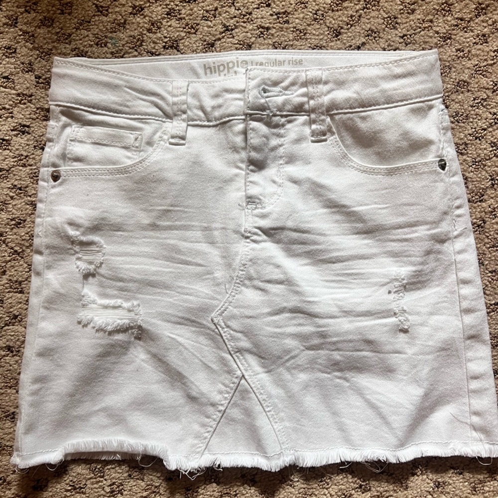 Hippie girl white denim skirt